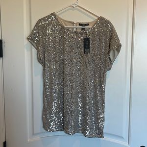 NWT champagne color sequins short sleeve top size L